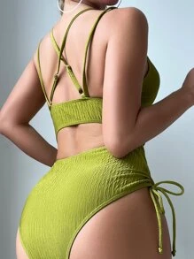 Anewsta Summer Beach Criss Cross Backless Drawstring Side Cami One Piece Swimsuit - Lime Green - View 5