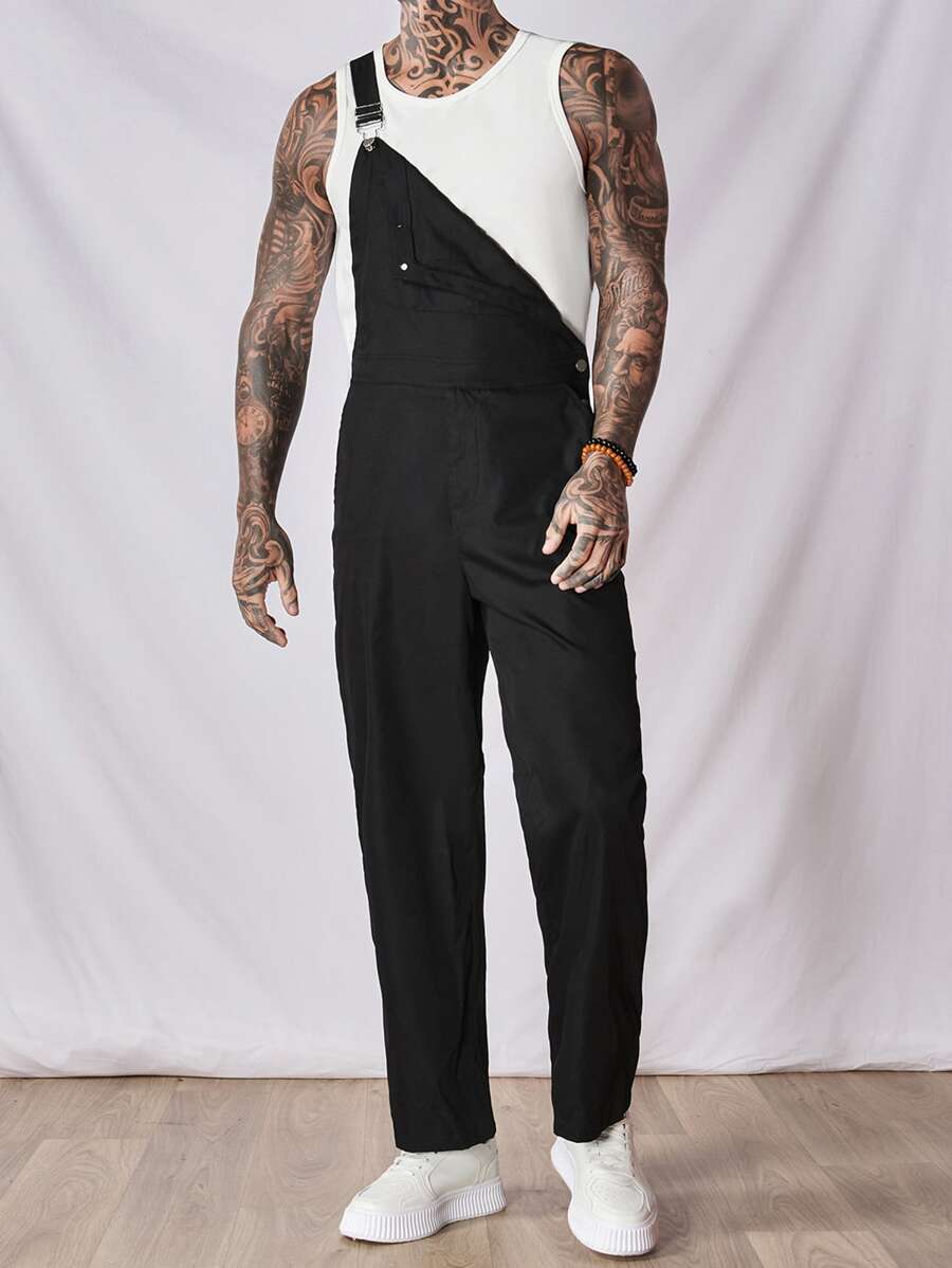 GENTILAND Men Solid Suspender Jumpsuit Without Tank Top - Black - View 1