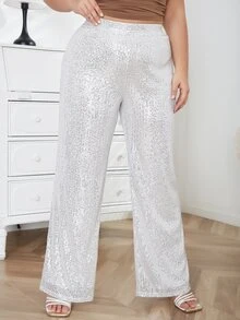 大碼彈性腰帶亮片闊腿褲