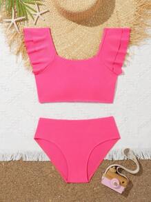 Conjunto de bikini con ribete de volantes para niña preadolescente, para playa de verano - Rosa Fucsia - Ver 1
