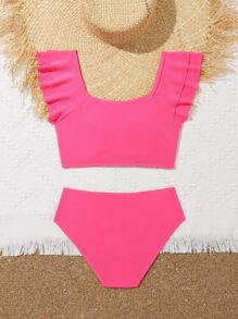 Conjunto de bikini con ribete de volantes para niña preadolescente, para playa de verano - Rosa Fucsia - Ver 2