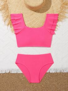 Conjunto de bikini con ribete de volantes para niña preadolescente, para playa de verano - Rosa Fucsia - Ver 5