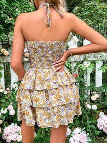 Breezaya 碎花交叉後背繫帶多層下擺掛脖洋裝 - 黃色 - 查看 2