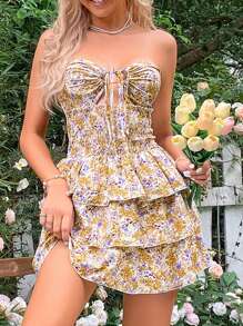 Breezaya 碎花交叉後背繫帶多層下擺掛脖洋裝 - 黃色 - 查看 3