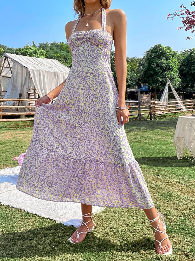 SHEIN WYWH Ditsy Floral Print Ruched Bust Ruffle Hem Halter Dress - Apricot - View 3