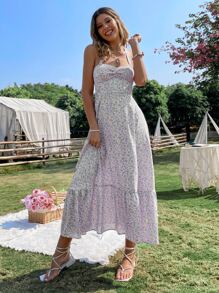 SHEIN WYWH Ditsy Floral Print Ruched Bust Ruffle Hem Halter Dress - Apricot - View 4