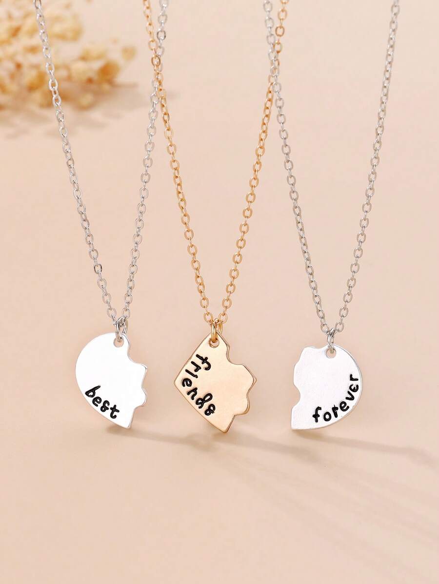 3入組簡約合體心形鋅合金電鍍金銀色吊墜項鍊,適合作為節日女性最好的朋友禮物 - 彩色 - 查看 1
