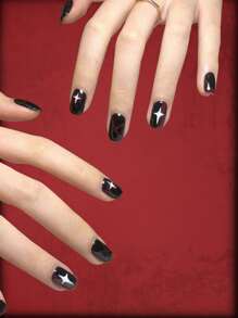 ROMWE Grunge Punk 24pcs Long Square Star Print Fake Nail - màu đen - Xem 1