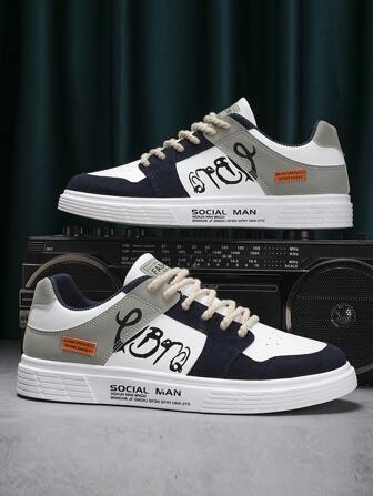 Men Letter Detail Skate Shoes, Lace-up Front Sneakers