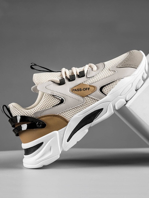 Men Letter Print Lace-up Front Running Shoes, Sporty Color Block Non-Slip Chunky Shoes