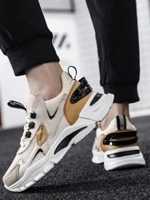 Men Letter Print Lace-up Front Running Shoes, Sporty Color Block Non-Slip Chunky Shoes