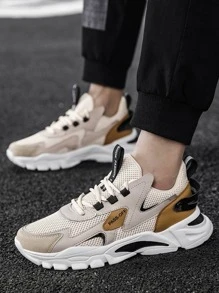 Men Letter Print Lace-up Front Running Shoes, Sporty Color Block Non-Slip Chunky Shoes