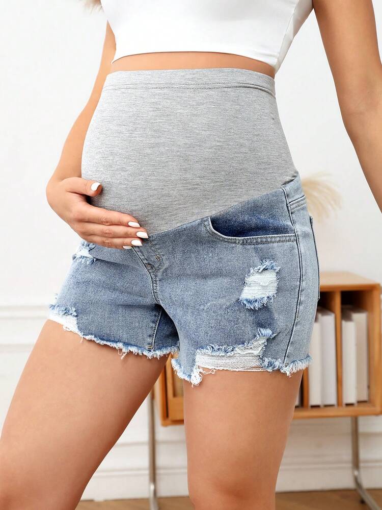 SHEIN Maternity Wideband Waist Ripped Raw Hem Denim Shorts - Light Wash - View 5