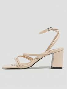 女士搭扣裝飾粗跟優雅夏天踝帶平底涼鞋 - 杏色 - 查看 3