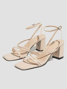 女士搭扣裝飾粗跟優雅夏天踝帶平底涼鞋 - 杏色 - 查看 4