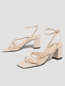 女士搭扣裝飾粗跟優雅夏天踝帶平底涼鞋 - 杏色 - 查看 5