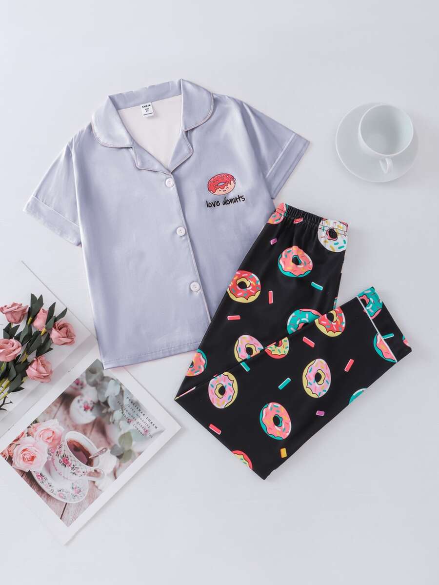 Tween Girls Donut Pattern Shirt And Pants Homewear Set - Multicolor - View 1