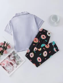 Tween Girls Donut Pattern Shirt And Pants Homewear Set - Multicolor - View 2
