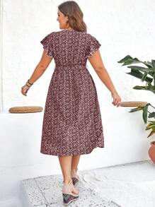 SHEIN Clasi Đầm Plus Size Thắt lưng Trọn gói Họa tiết hoa Boho - Màu Đỏ Sâu - Xem 2