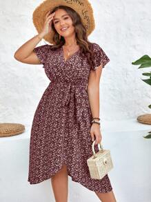 SHEIN Clasi Đầm Plus Size Thắt lưng Trọn gói Họa tiết hoa Boho - Màu Đỏ Sâu - Xem 3