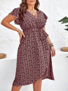 SHEIN Clasi Đầm Plus Size Thắt lưng Trọn gói Họa tiết hoa Boho - Màu Đỏ Sâu - Xem 4
