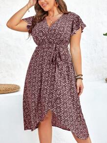 SHEIN Clasi Đầm Plus Size Thắt lưng Trọn gói Họa tiết hoa Boho - Màu Đỏ Sâu - Xem 6