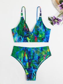 全套印花抽褶式帶鋼托高腰夏季沙灘比基尼套裝 - 彩色 - 查看 2