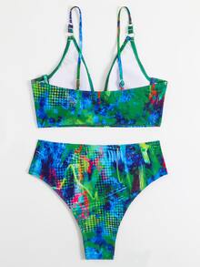 全套印花抽褶式帶鋼托高腰夏季沙灘比基尼套裝 - 彩色 - 查看 6
