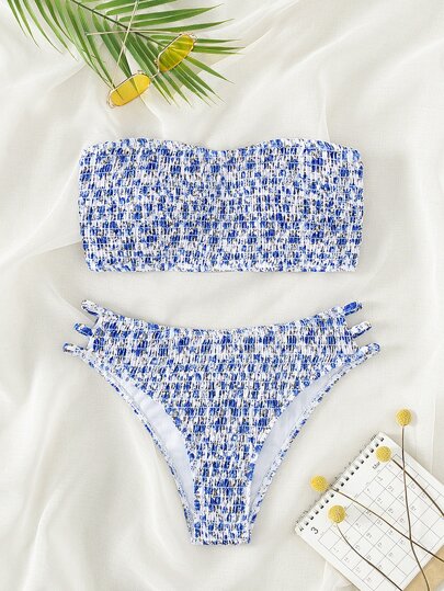 Swim Mod Summer Beach Ditsy Floral Bikini Set Smocked Cut Out Bandeau Bra & Bikini Bottom 2 Pieces Bikini