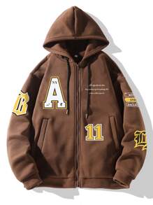 Manfinity Hypemode Loose Fit Men's Slogan Graphic Zip-Up Thermal-Lined Drawstring Hoodie - Coffee Brown - View 1