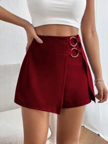 SHEIN Privé Solid Ring Linked Wrap Hem Skort - Burgundy - View 1