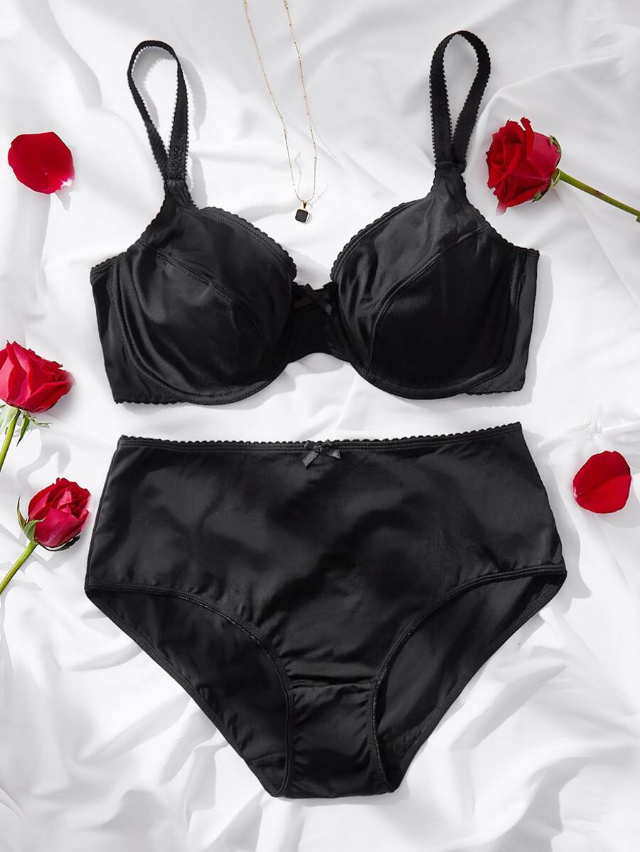 Plus Solid Underwire Lingerie Set - Black - View 1