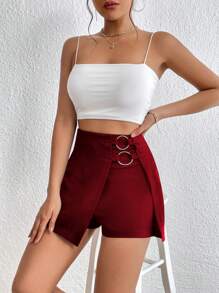 SHEIN Privé Solid Ring Linked Wrap Hem Skort - Burgundy - View 6