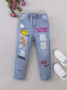 SHEIN Young Girl Cartoon & Slogan Graphic Ripped Jeans - Light Wash - View 1
