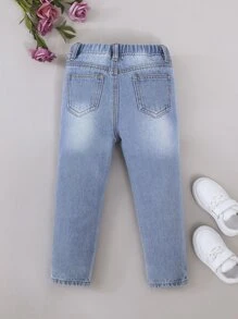 SHEIN Young Girl Cartoon & Slogan Graphic Ripped Jeans - Light Wash - View 2