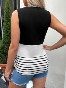 SHEIN Maternity Striped Print Nursing Tank Top - Black and White - View 2