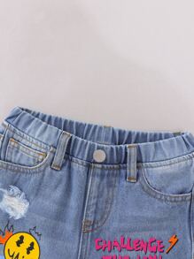 SHEIN Young Girl Cartoon & Slogan Graphic Ripped Jeans - Light Wash - View 3
