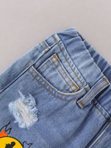 SHEIN Young Girl Cartoon & Slogan Graphic Ripped Jeans - Light Wash - View 4
