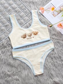 Girls Letter & Cartoon Graphic Contrast Binding Lingerie Set - Apricot - View 1