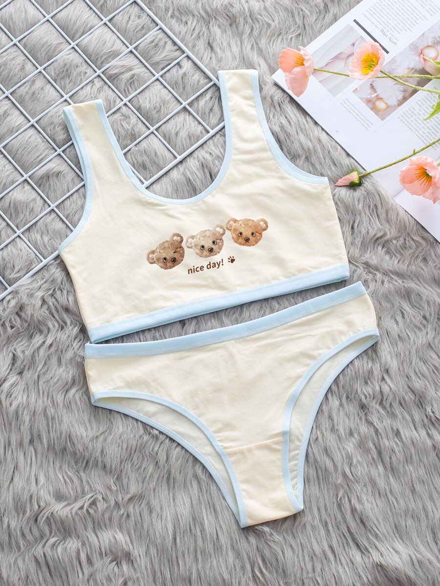Girls Letter & Cartoon Graphic Contrast Binding Lingerie Set - Apricot - View 1