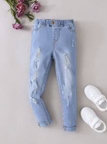 SHEIN Young Girl Ripped Frayed Bleach Wash Jeans - Light Wash - View 1