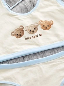 Girls Letter & Cartoon Graphic Contrast Binding Lingerie Set - Apricot - View 3