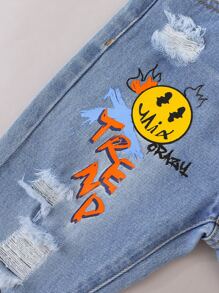 SHEIN Young Girl Cartoon & Slogan Graphic Ripped Jeans - Light Wash - View 6