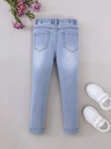 SHEIN Young Girl Ripped Frayed Bleach Wash Jeans - Light Wash - View 2