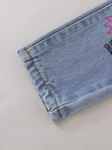 SHEIN Young Girl Cartoon & Slogan Graphic Ripped Jeans - Light Wash - View 7