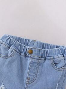 SHEIN Young Girl Ripped Frayed Bleach Wash Jeans - Light Wash - View 4