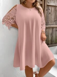 SHEIN VCAY Plus Contrast Lace Cold Shoulder Dress - Dusty Pink - View 1