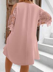 SHEIN VCAY Plus Contrast Lace Cold Shoulder Dress - Dusty Pink - View 2
