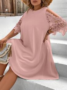 SHEIN VCAY Plus Contrast Lace Cold Shoulder Dress - Dusty Pink - View 5