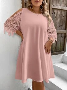 SHEIN VCAY Plus Contrast Lace Cold Shoulder Dress - Dusty Pink - View 6